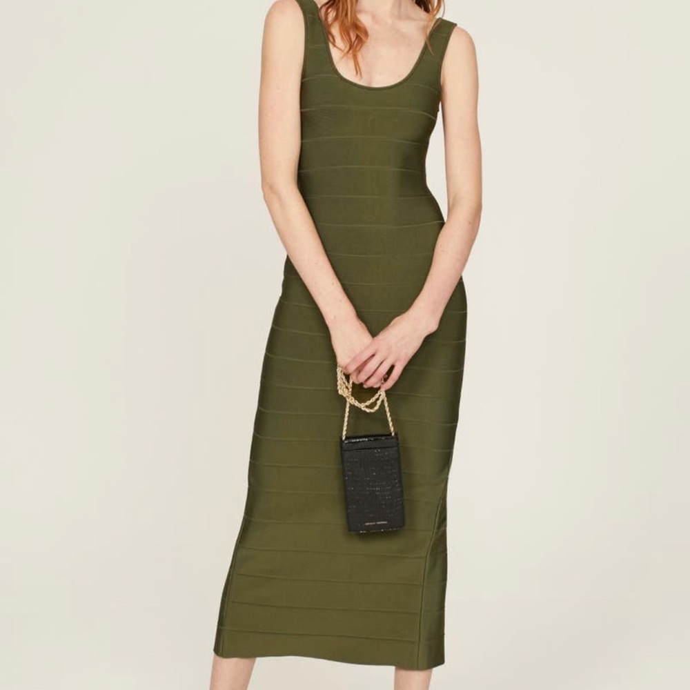 Herve Leger Square Neck Icon Dress in Olive
